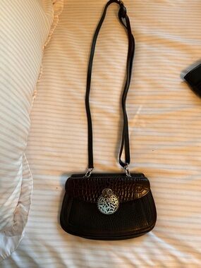 Black Croc-Embossed Crossbody Bag with Silver Medallion